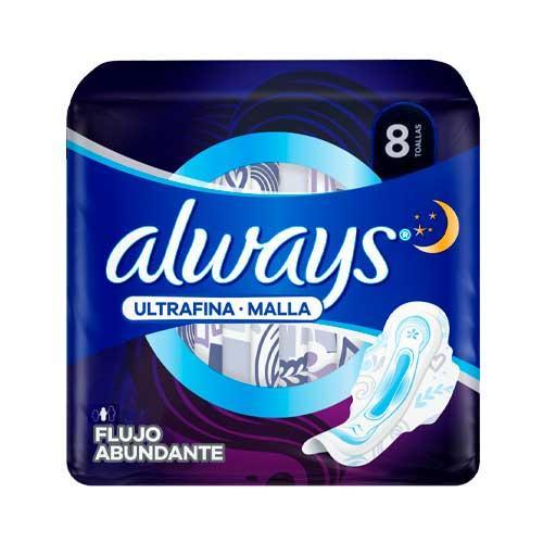 ALWAYS TOALLAS ULTRAFINA-MALLA NOCTURNA FLUJO ABUNDANTE X 8 UND 