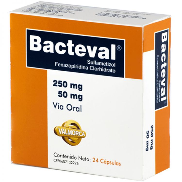 BACTEVAL SULFAMETIZOL+FENAZOPIRIDINA 250/50 MG X 24 CAP